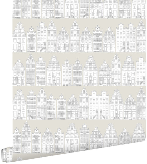 ESTAhome behang getekende Amsterdamse grachtenhuisjes lichtgrijs - 53 cm x 10,05 m - 138909 - vtwonen shop