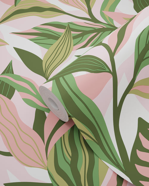 ESTAhome behang tropische bladeren groen en roze - 50 x 900 cm - 131041 - vtwonen shop