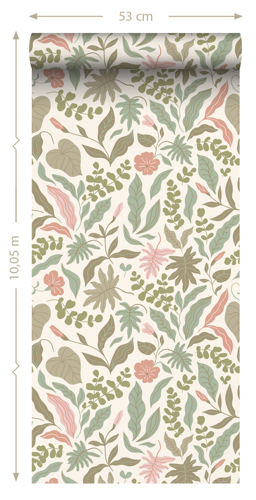 ESTAhome behang bladeren en bloemen vergrijsd groen en roze - 50 x 900 cm - 131050 - vtwonen shop