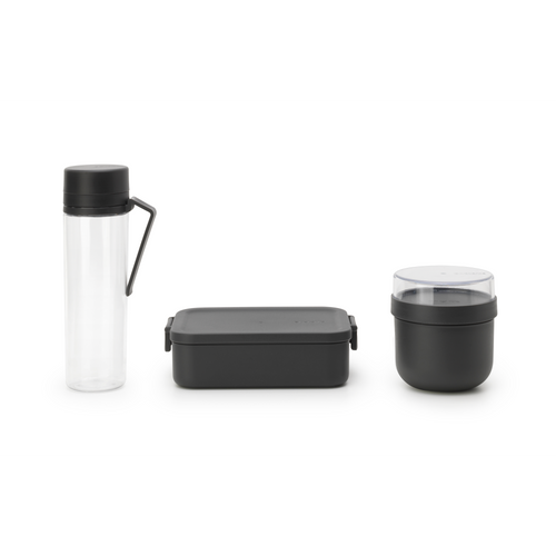 Brabantia Make & Take Ontbijt- en Lunchset, 3-delig, kunststof (waterfles met zeef, yoghurtbeker 0,5 liter, lunchbox medium) - Dark Grey