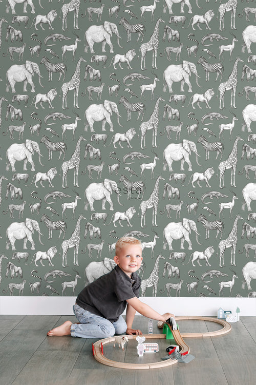 ESTAhome behang jungle dieren vergrijsd groen - 53 cm x 10.05 m - 139513