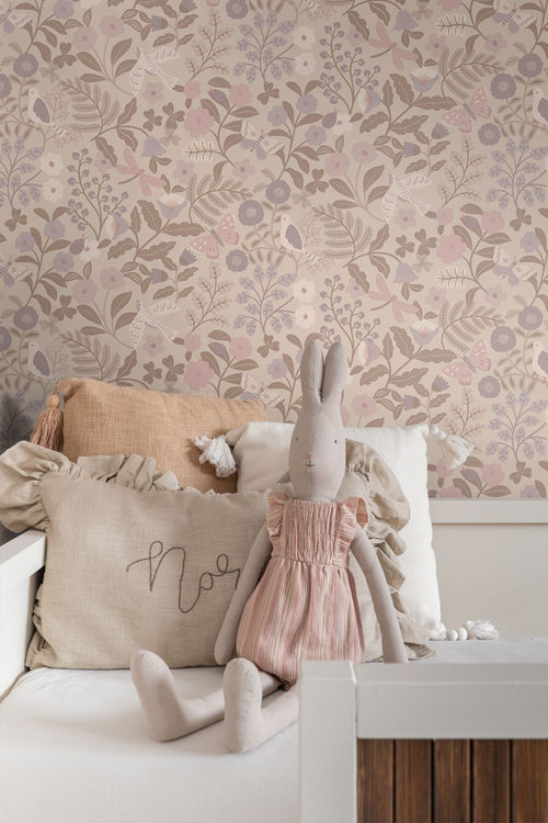 ESTAhome behang bloemen en vogels taupe en lila paars - 50 x 900 cm - 132231
