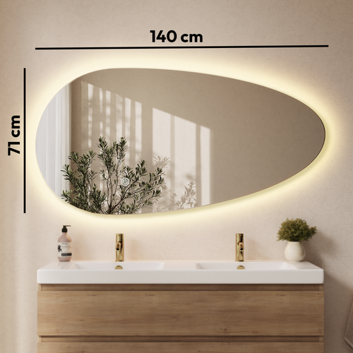 LOMAZOO badkamerspiegel Adana - organisch - met LED verlichting & spiegelverwarming - asymmetrisch - 140 x 71 cm