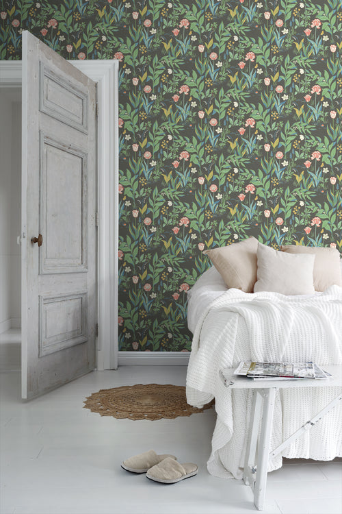 Borastapeter behang bloemen zwart en groen - 53 cm x 10.05 m - 660424 - vtwonen shop