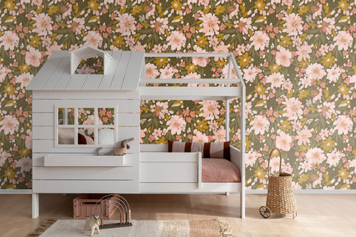 ESTAhome fotobehang bloemen vergrijsd olijfgroen, zacht roze en okergeel - 2.5 x 2.79 m - 159628
