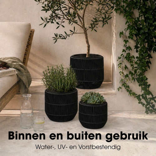 Mica Decorations Peta Bloempot voor Buiten – Set van 3 – Plantenpot voor Bloemen en Buitenplanten – Bloempotten voor Buiten – Zwart
