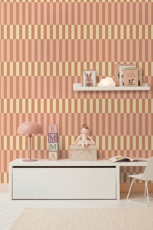 ESTAhome behang linnen-look strepen roze, bruin en beige - 50 x 900 cm - 132252