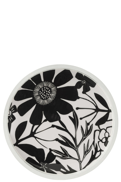 J-Line plateau Rond met Handvaten Bloemen - hout - zwart/wit - vtwonen shop