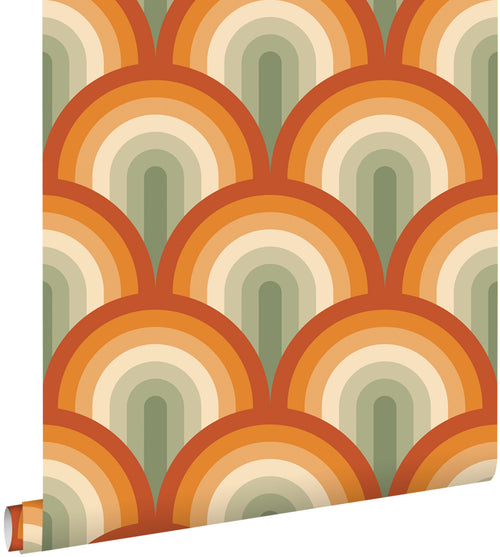 ESTAhome behang art deco bogen groen en oranje - 50 x 900 cm - 131773