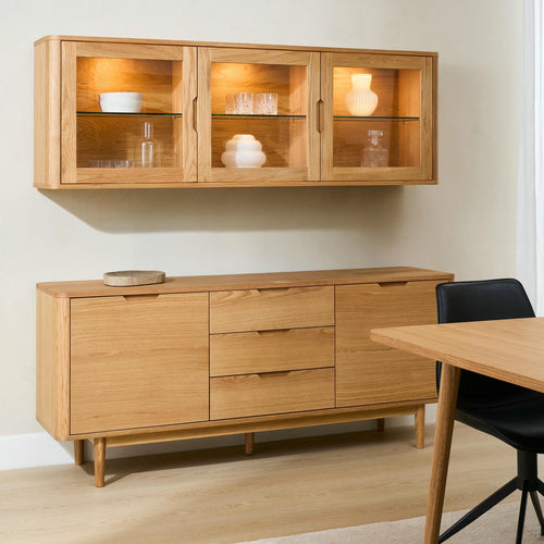 Furnhouse 3-deurs wandkast Nyborg - Natuurlijk eikenhout - MDF, Eikenfineer, Glas - 34x180x60