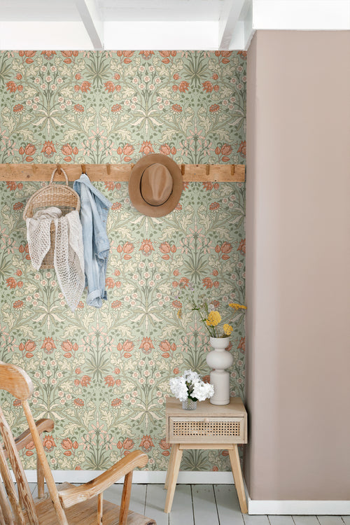 ESTAhome behang vintage bloemen in art nouveau stijl groen en terracotta - 50 x 900 cm - 131180 - vtwonen shop