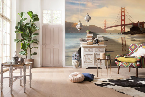 Sanders & Sanders fotobehang Golden Gate bridge rood, zandkleurig en blauw - 400 x 250 cm - 612513