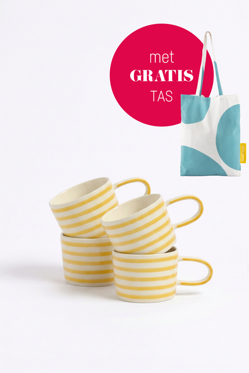 vtwonen - Mokken - Strepen - Geel - Keramiek - 350ml - Set van 4