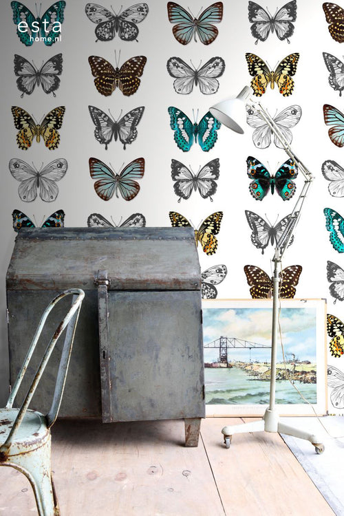 ESTAhome XXL behang vlinders turquoise, zwart en wit - 50 x 900 cm - 158507 - vtwonen shop