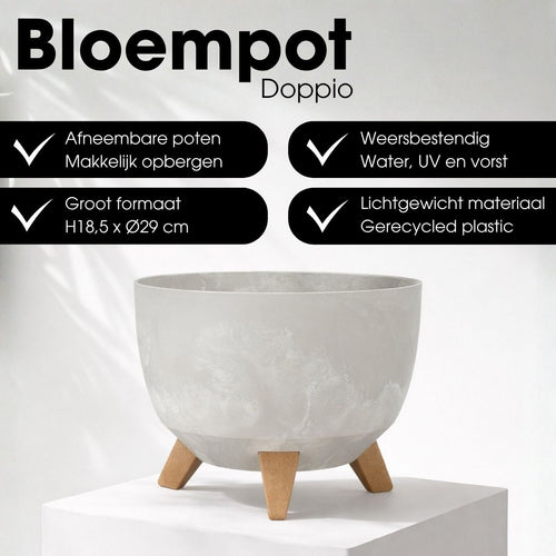 Mica Decorations Doppio Plantenbak op Poten - 18,5 x Ø29 cm - Plantenbakken voor Buiten - Bloembakken voor Balkon - Gerecycled Plastic - Grijs