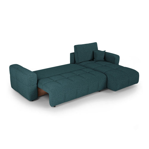 Premium Interiors - Rechthoekige hoekbank met slaapfunctie en opbergruimte VIBE - bouclé-stof eendblauw 286cm