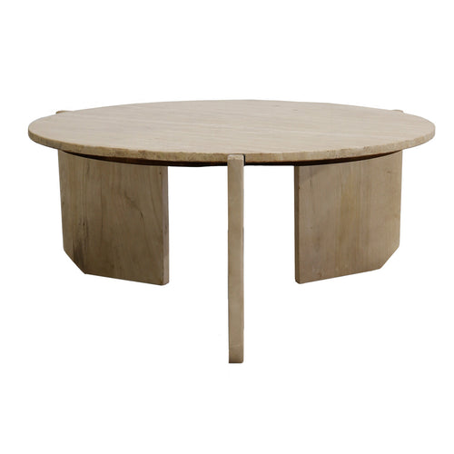 Giga Meubel Salontafel Simon Rond - Travertin/Hout - Bruin - 80x80x36cm - vtwonen shop