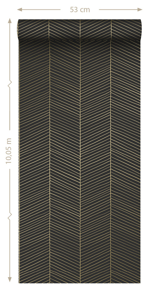 ESTAhome behang visgraat-motief zwart en goud - 53 cm x 10.05 m - 139136