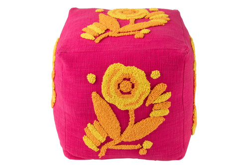 J-Line poef Vierkant Bloem - katoen - roze/oranje/geel