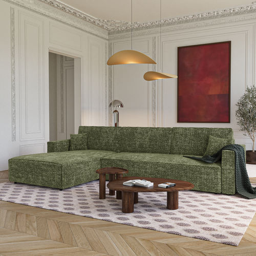Premium Interiors - Linkshoekbank met slaapfunctie en opbergruimte  - stof met tweed-effect groen 197cm