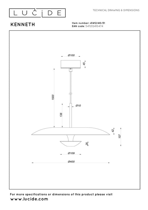 Lucide hanglamp KENNETH - Geïntegreerde LED - Wit
