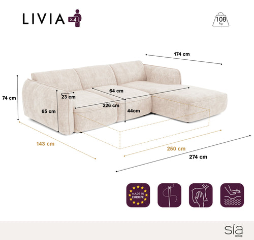 Sia Home - Rechte hoekbanken LIVIA - Bouclette stof - Crème - 274cm