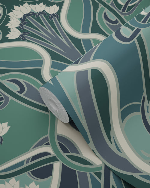 ESTAhome behang vintage bloemen in art nouveau stijl vergrijsd groen en blauw - 50 x 900 cm - 139894