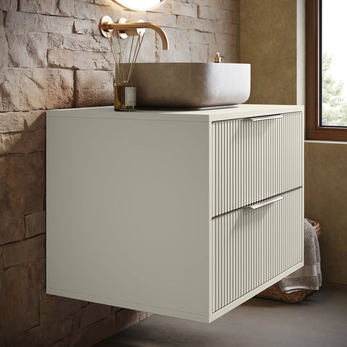 Badplaats Wastafelkast Rimini 60 cm – Beige – Hangend Badmeubel met 2 Lades en Gouden Handgrepen