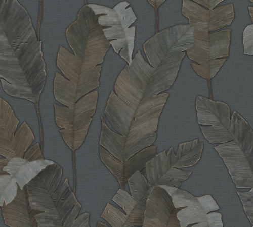Livingwalls behang bladeren petrolblauw, groen en bruin - 53 cm x 10.05 m - AS-392183