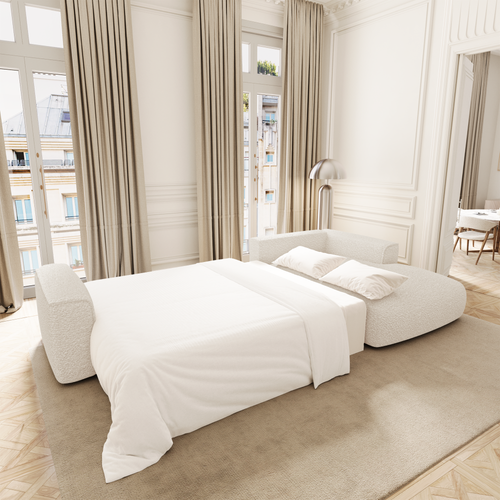 Premium Interiors - Rechthoekige hoekbank met slaapfunctie en opbergruimte COMO - bouclé-stof crème 297cm