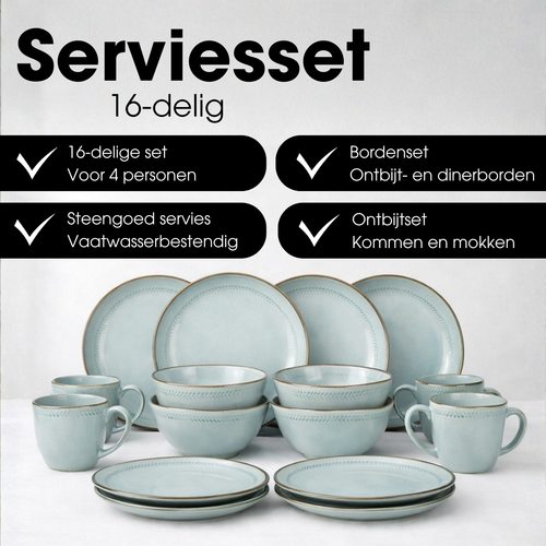 Mica Decorations Racco Serviesset 16-Delig - 4 Persoons - Ontbijtborden, Kommen en Mokken en Dinrborden - Steengoed Servies - Vaatwasserbestendige