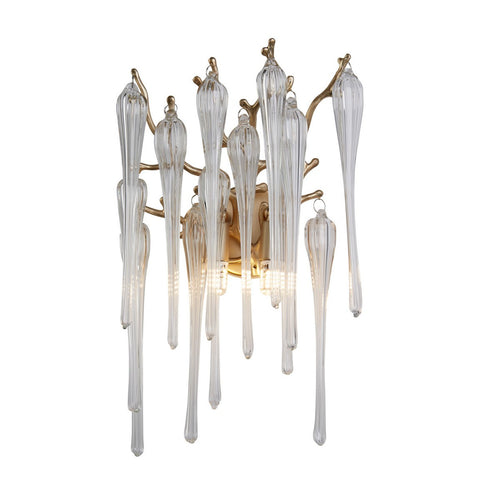 Searchlight Heritage 2-lichts wandlamp, goudkleurig metaal en heldere glazen druppels