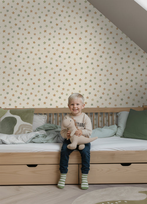 ESTAhome behang sterretjes groen en blauw en beige - 50 x 900 cm - 131707