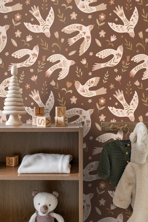 ESTAhome behang bloemen en vogels bruin - 50 x 900 cm - 131755