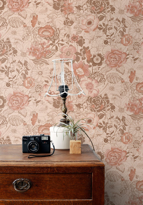 ESTAhome behang vintage bloemen terracotta roze - 53 cm x 10.05 m - 139766