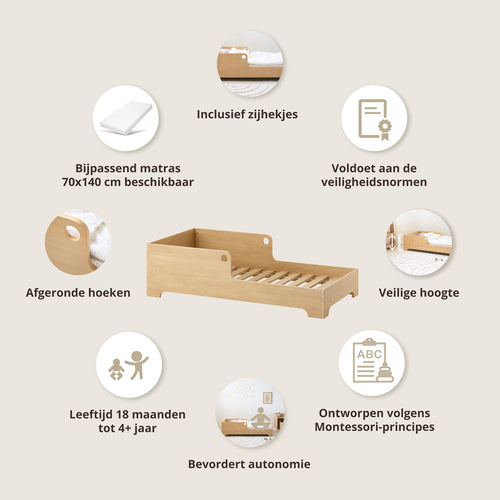 Petite Amélie Peuterbed Ellipse – 70x140 cm – Naturel – Vloerbed met uitvalbescherming – Montessori-geïnspireerd - vtwonen shop