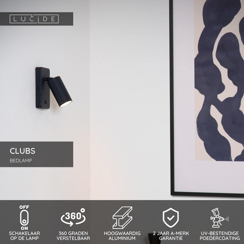 Lucide bedlamp CLUBS - 1xGU10 - Zwart