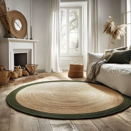 Mrcarpet Rond jute vloerkleed naturel/Groen met rand 240cm - vtwonen shop
