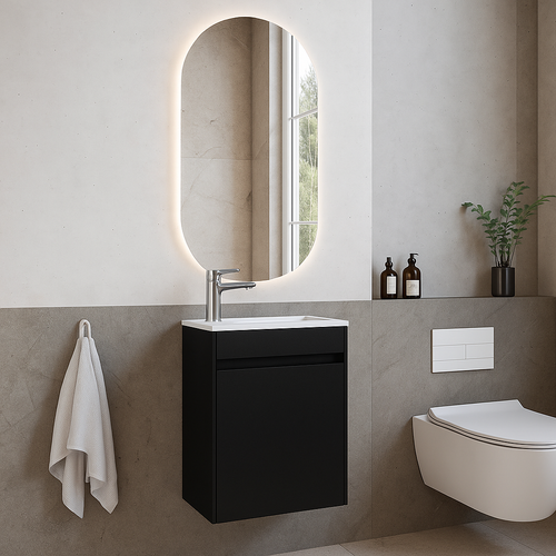 Badplaats Toiletmeubel Sinta 40 x 22 cm - Zwart - Fonteinmeubel met Witte Wastafel