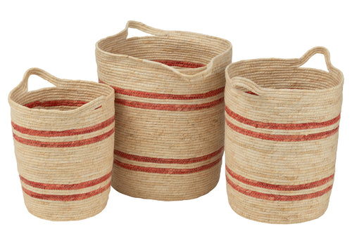 J-Line mand strepen+handvat maïs - textiel - naturel/rood - set van 3