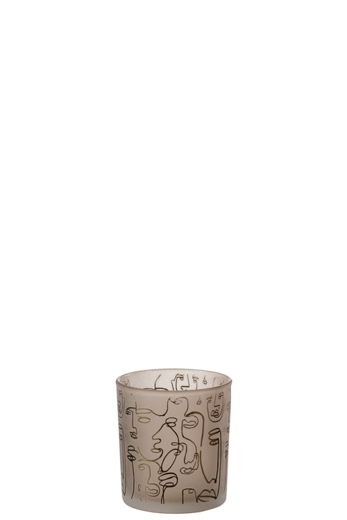 J-Line windlicht Happy Faces - glas - beige - small - 2 stuks