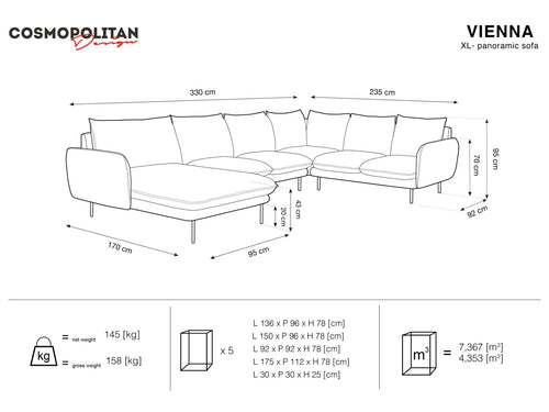 Cosmopolitan Design Panoramische hoekbank rechts Vienna 7-zits, structurele stof, beige - 235x330x95cm
