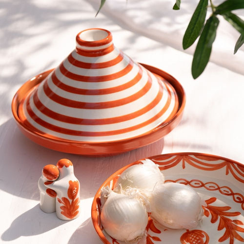 J-Line tajine Granada Stripes - keramiek - wit/oranje