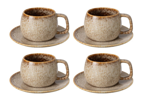 J-Line kopje + schoteltje - porselein - taupe - 4 stuks