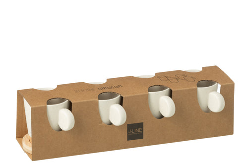 J-Line koffietas Met Oor + Bamboubasis - keramiek - wit/naturel - doos van 4