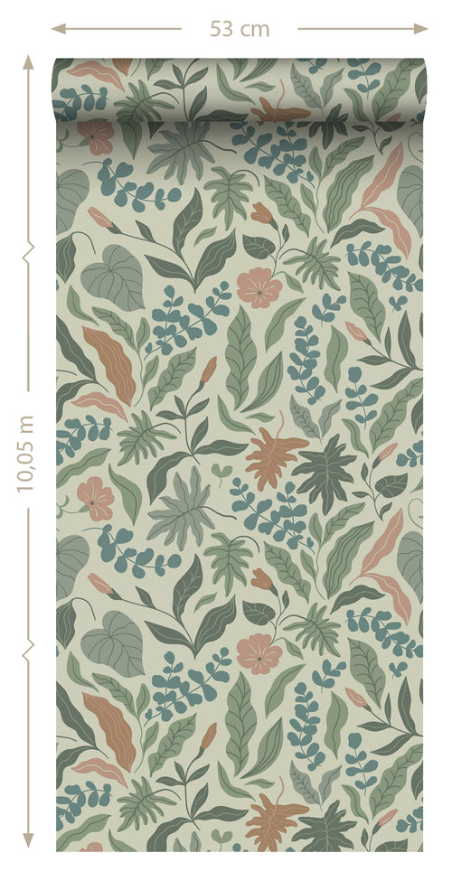 ESTAhome behang bladeren en bloemen donkergroen, blauw en roze - 50 x 900 cm - 131053 - vtwonen shop