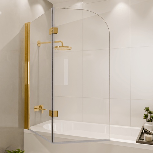 LOMAZOO badwand Caracas - 2 delig - draaibaar - anti kalk nano coating - helder glas - goud - 120 x 140 cm