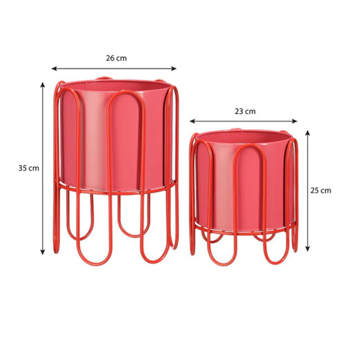 Mica Decorations Dione Bloempot op Standaard - Set van 2 - H35 x Ø26 cm - Metaal - Rood, Roze