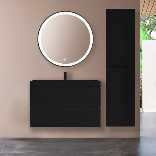 LOMAZOO badmeubelset Avalon - met hoge kast & zwarte wastafel - mat zwart - 80 cm