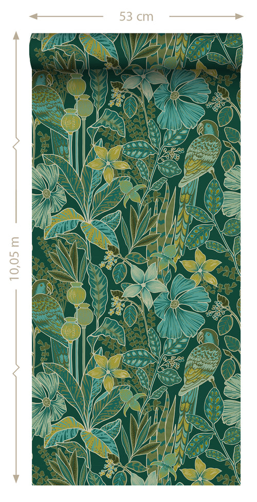 ESTAhome behang tropische bloemen en paradijsvogels donkergroen - 50 x 900 cm - 131158 - vtwonen shop
